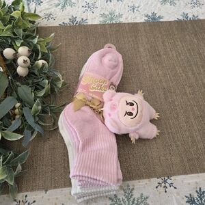 Pink Women's Socks with Plush Keychain